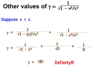 Other values of g =
1
1 – v2/c2
1
1 – (c)2/c2
g =
Suppose v = c
1
1 – c2/c2
=
1
1 – 12
g =
1
0
= 1
0
=
g =  Infinity!!!
 