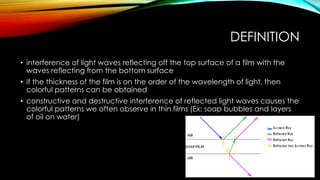 DEFINITION
• interference of light waves reflecting off the top surface of a film with the
waves reflecting from the bottom surface
• if the thickness of the film is on the order of the wavelength of light, then
colorful patterns can be obtained
• constructive and destructive interference of reflected light waves causes the
colorful patterns we often observe in thin films (Ex: soap bubbles and layers
of oil on water)
 