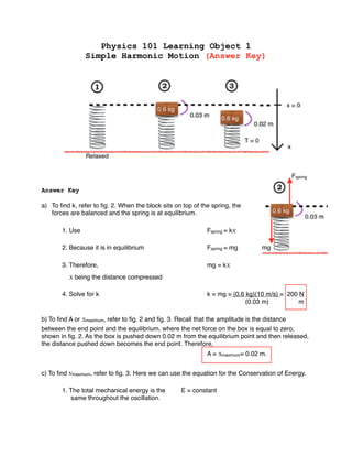 Physics 101 Learning Object 1
Simple Harmonic Motion (Answer Key)
Answer Key
a) To ﬁnd k, refer to ﬁg. 2. When the block s...