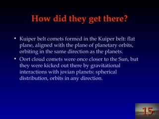 1515
How did they get there?
• Kuiper belt comets formed in the Kuiper belt: flat
plane, aligned with the plane of planetary orbits,
orbiting in the same direction as the planets.
• Oort cloud comets were once closer to the Sun, but
they were kicked out there by gravitational
interactions with jovian planets: spherical
distribution, orbits in any direction.
 