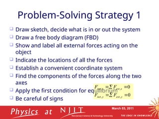 March 03, 2011
Problem-Solving Strategy 1
 Draw sketch, decide what is in or out the system
 Draw a free body diagram (FBD)
 Show and label all external forces acting on the
object
 Indicate the locations of all the forces
 Establish a convenient coordinate system
 Find the components of the forces along the two
axes
 Apply the first condition for equilibrium
 Be careful of signs
0
0
,
,
,
,






y
ext
y
net
x
ext
x
net
F
F
F
F
 