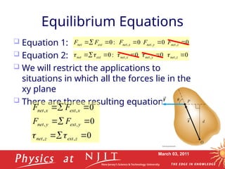 March 03, 2011
Equilibrium Equations
 Equation 1:
 Equation 2:
 We will restrict the applications to
situations in which all the forces lie in the
xy plane
 There are three resulting equations
0
0
0
:
0 ,
,
, 




 z
net
y
net
x
net
ext
net F
F
F
F
F


0
0
0
:
0 ,
,
, 




 z
net
y
net
x
net
ext
net 






0
0
0
,
,
,
,
,
,









z
ext
z
net
y
ext
y
net
x
ext
x
net
F
F
F
F


 
