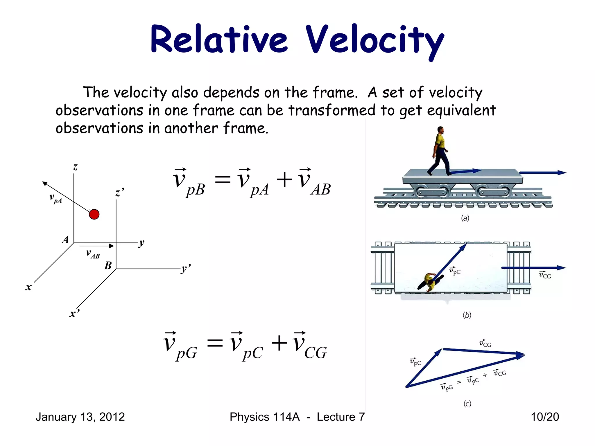 Relative Velocity
pB pA ABv v v= +
r r r
pG pC CGv v v= +
r r r
A
z
x
y
B y’
z’
x’
vAB
vpA
The velocity also depends on the frame. A set of velocity
observations in one frame can be transformed to get equivalent
observations in another frame.
January 13, 2012 10/20Physics 114A - Lecture 7
 