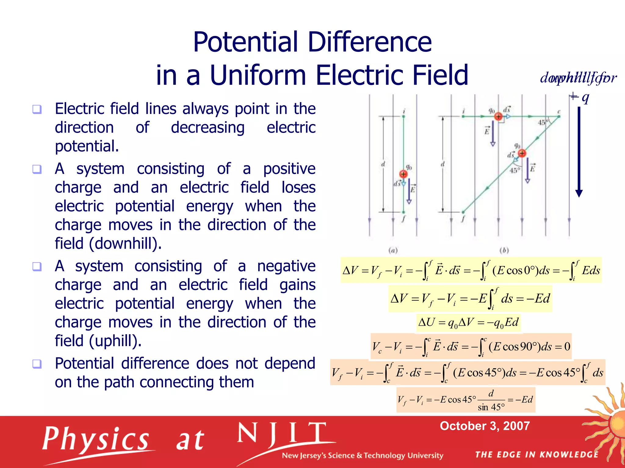 October 3, 2007
uphill for
 q
 Electric field lines always point in the
direction of decreasing electric
potential.
 A system consisting of a positive
charge and an electric field loses
electric potential energy when the
charge moves in the direction of the
field (downhill).
 A system consisting of a negative
charge and an electric field gains
electric potential energy when the
charge moves in the direction of the
field (uphill).
 Potential difference does not depend
on the path connecting them
Potential Difference
in a Uniform Electric Field
Ed
ds
E
V
V
V
f
i
i
f 





 
 
 










f
i
f
i
f
i
i
f Eds
ds
E
s
d
E
V
V
V )
0
cos
(


 
 









f
c
f
c
f
c
i
f ds
E
ds
E
s
d
E
V
V 45
cos
)
45
cos
(



 







c
i
c
i
i
c ds
E
s
d
E
V
V 0
)
90
cos
(


Ed
q
V
q
U 0
0 




Ed
d
E
V
V i
f 






45
sin
45
cos
downhill for
+ q
 