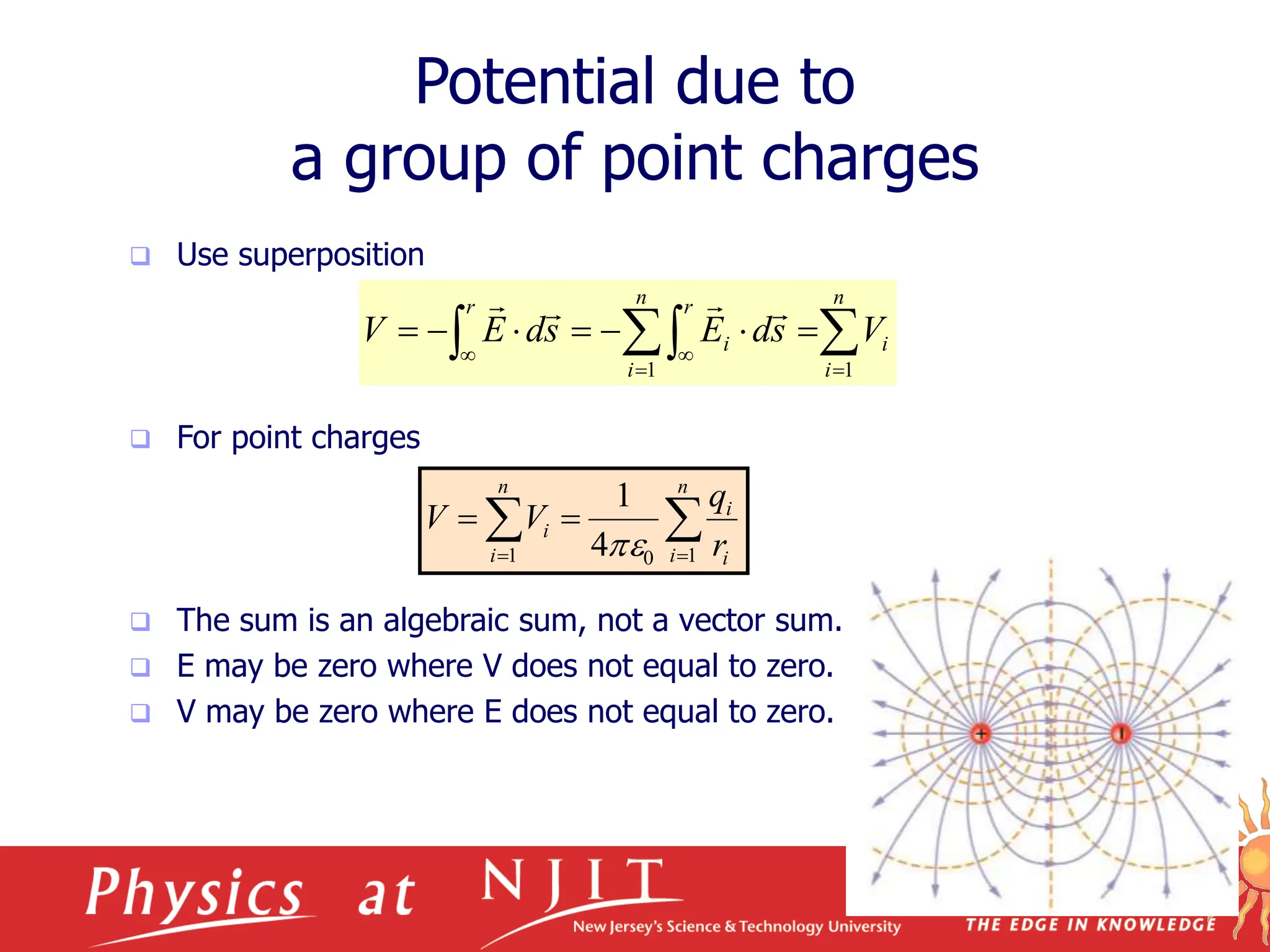 October 3, 2007
Potential due to
a group of point charges
 Use superposition
 For point charges
 The sum is an algebraic sum, not a vector sum.
 E may be zero where V does not equal to zero.
 V may be zero where E does not equal to zero.


 










n
i
i
n
i
r
i
r
V
s
d
E
s
d
E
V
1
1





 



n
i i
i
n
i
i
r
q
V
V
1
0
1 4
1

q q
q -q
 