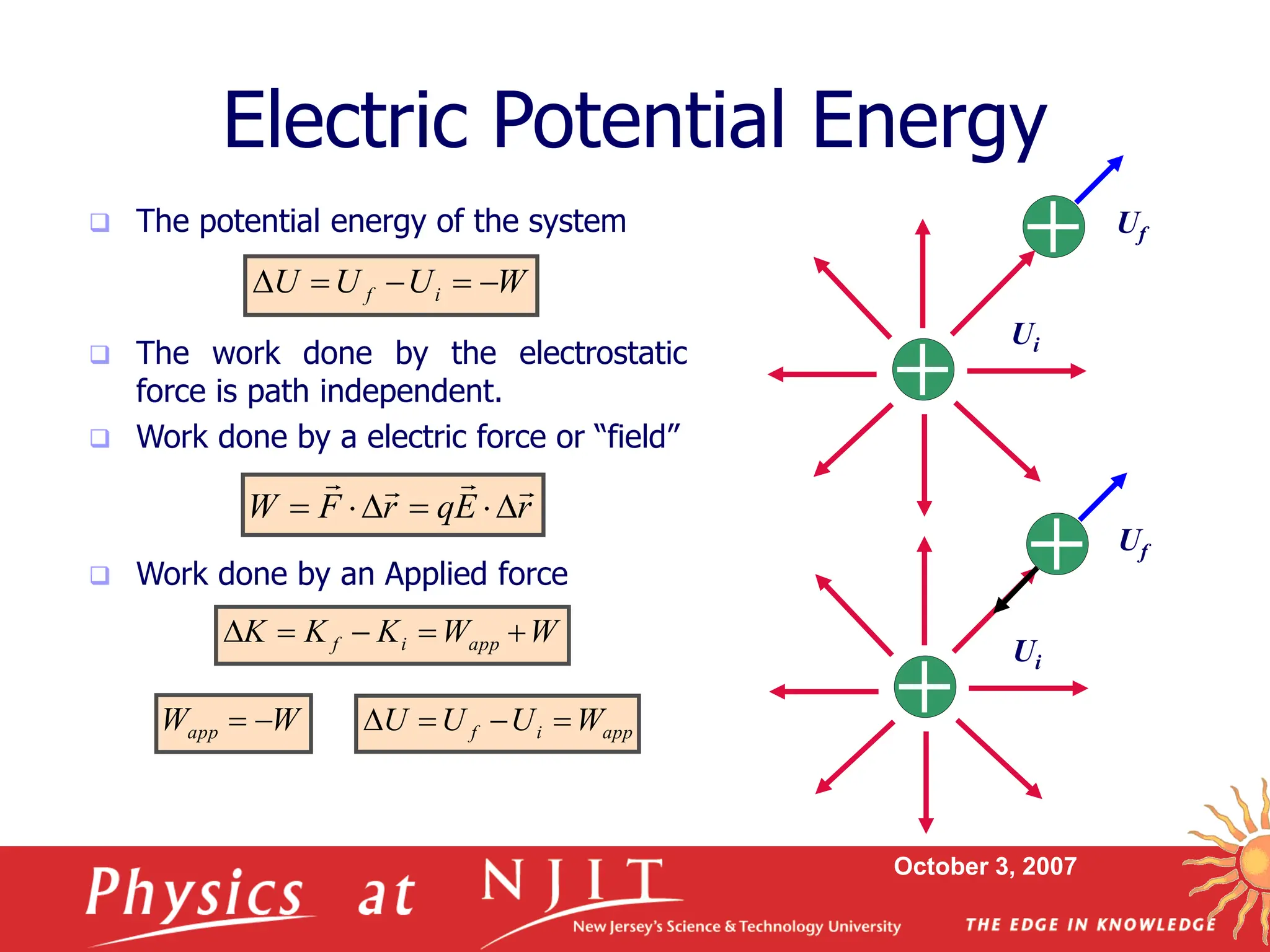 October 3, 2007
 The potential energy of the system
 The work done by the electrostatic
force is path independent.
 Work done by a electric force or “field”
 Work done by an Applied force
Electric Potential Energy
Ui
Uf
W
U
U
U i
f 




r
E
q
r
F
W










Ui
Uf
W
W
K
K
K app
i
f 




W
Wapp 
 app
i
f W
U
U
U 



 