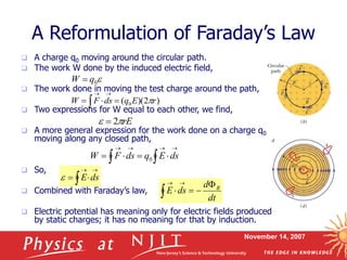 November 14, 2007
A Reformulation of Faraday’s Law
 A charge q0 moving around the circular path.
 The work W done by the induced electric field,
 The work done in moving the test charge around the path,
 Two expressions for W equal to each other, we find,
 A more general expression for the work done on a charge q0
moving along any closed path,
 So,
 Combined with Faraday’s law,
 Electric potential has meaning only for electric fields produced
by static charges; it has no meaning for that by induction.

0
q
W 
rE

 2

dt
d
ds
E B







)
2
)(
( 0 r
E
q
ds
F
W 













 
 ds
E
q
ds
F
W 0




 ds
E

 