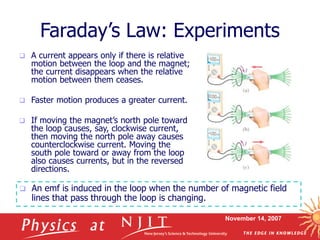 November 14, 2007
Faraday’s Law: Experiments
 A current appears only if there is relative
motion between the loop and the magnet;
the current disappears when the relative
motion between them ceases.
 Faster motion produces a greater current.
 If moving the magnet’s north pole toward
the loop causes, say, clockwise current,
then moving the north pole away causes
counterclockwise current. Moving the
south pole toward or away from the loop
also causes currents, but in the reversed
directions.
 An emf is induced in the loop when the number of magnetic field
lines that pass through the loop is changing.
 