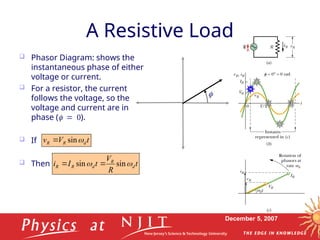 December 5, 2007
A Resistive Load
 Phasor Diagram: shows the
instantaneous phase of either
voltage or current.
 For a resistor, the current
follows the voltage, so the
voltage and current are in
phase ().
 If
 Then

t
R
V
t
I
i d
R
d
R
R 
 sin
sin 

t
V
v d
R
R 
sin

 