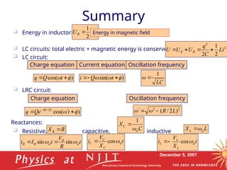 December 5, 2007
Summary
 Energy in inductor:
 LC circuits: total electric + magnetic energy is conserved
 LC circuit:
 LRC circuit:
 Resistive, capacitive, inductive
2
2
1
Li
UB  Energy in magnetic field
2
2
2
1
2
Li
C
q
U
U
U B
E 



)
cos( 
 
 t
Q
q
LC
1


Charge equation Current equation Oscillation frequency
)
sin( 

 

 t
Q
i
Charge equation Oscillation frequency
2
2
)
2
/
( L
R


 

)
cos(
2
/

 

 
t
Qe
q L
Rt
t
R
V
t
I
i d
R
d
R
R 
 sin
sin 
 t
X
V
i d
C
C
C 
cos
 t
X
V
i d
L
L
L 
cos


C
X
d
C

1

L
X d
L 

R
XR 
Reactances:
 