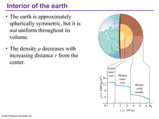 Interior of the earth
• The earth is approximately
spherically symmetric, but it is
not uniform throughout its
volume.
• The density ρ decreases with
increasing distance r from the
center.
© 2016 Pearson Education Inc.
 