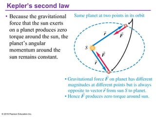 Kepler’s second law
• Because the gravitational
force that the sun exerts
on a planet produces zero
torque around the sun, the
planet’s angular
momentum around the
sun remains constant.
© 2016 Pearson Education Inc.
 