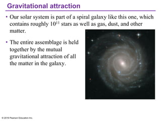 Gravitational attraction
• Our solar system is part of a spiral galaxy like this one, which
contains roughly 1011 stars as well as gas, dust, and other
matter.
• The entire assemblage is held
together by the mutual
gravitational attraction of all
the matter in the galaxy.
© 2016 Pearson Education Inc.
 