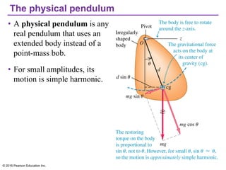 The physical pendulum
• A physical pendulum is any
real pendulum that uses an
extended body instead of a
point-mass bob.
• For small amplitudes, its
motion is simple harmonic.
© 2016 Pearson Education Inc.
 