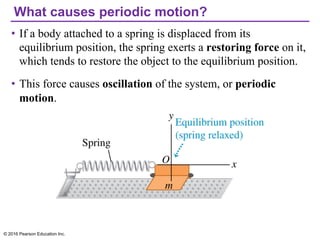 What causes periodic motion?
• If a body attached to a spring is displaced from its
equilibrium position, the spring exerts a restoring force on it,
which tends to restore the object to the equilibrium position.
• This force causes oscillation of the system, or periodic
motion.
© 2016 Pearson Education Inc.
 