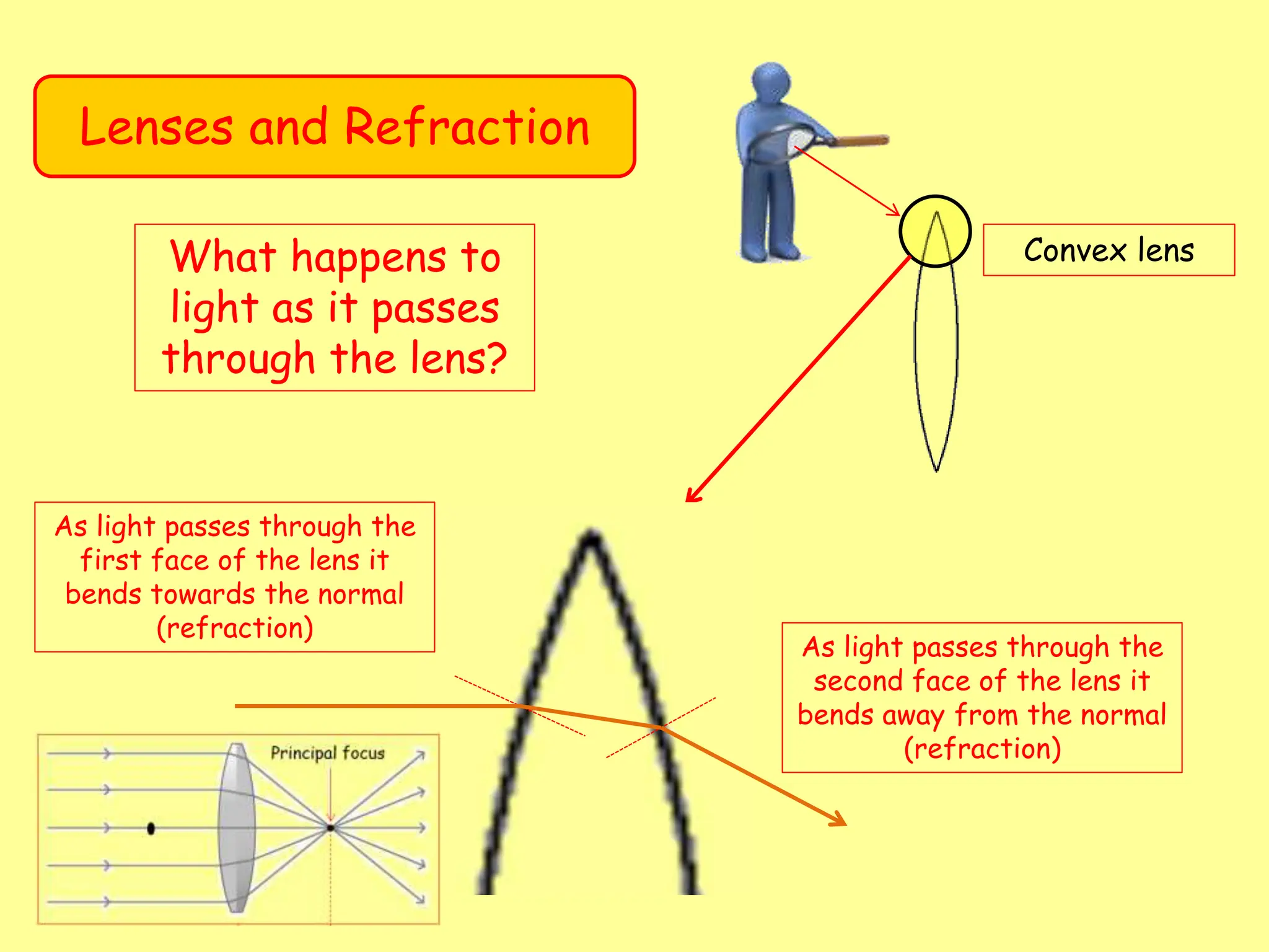 Lenses and Refraction
Convex lens
What happens to
light as it passes
through the lens?
As light passes through the
first face of the lens it
bends towards the normal
(refraction)
As light passes through the
second face of the lens it
bends away from the normal
(refraction)
 