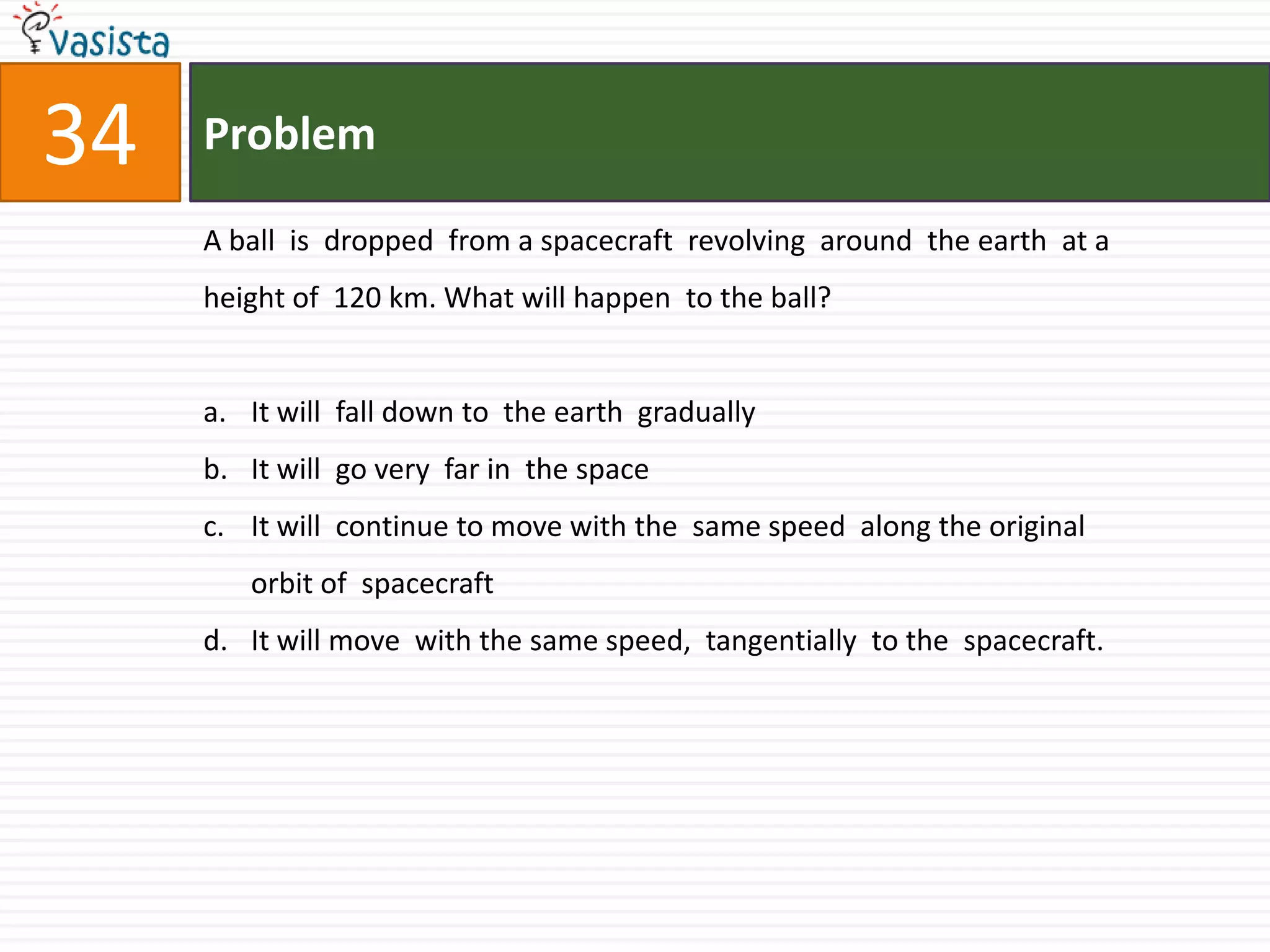 Problem34A ball  is  dropped  from a spacecraft  revolving  around  the earth  at a height of  120 km. What will happen  to the ball?It will  fall down to  the earth  gradually It will  go very  far in  the space It will  continue to move with the  same speed  along the original  orbit of  spacecraft It will move  with the same speed,  tangentially  to the  spacecraft. 