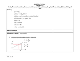 GENERAL PHYSICS 1
QUARTER 1
Units, Physical Quantities, Measurement, Errors and Uncertainties, Graphical Presentation, & Linear Fitting of
Data
GP1-01-18
( )
( )
xxy
xx
x
x
xxxyy
xxxxyy
xxyy
xy
o
oo
oo
o
∆≈∆∴
∆≈∆
≈∆
<<∆
∆±≈∆±
∆±∆=∆±
∆±=∆±
=
)cos(
)sin(
0.1)cos(
0.1
)cos()sin(
)sin()cos()cos()sin(
sin
sin
2
2
1
atdd o +=
Similarly,
Part 3: Graphing
Instruction / Delivery (60 minutes)
1. Graphing relations between physical quantities.
 