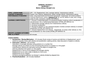 GENERAL PHYSICS 1
QUARTER 1
Motion Along a Straight Line
TOPIC / LESSON NAME GP1 – 03: Displacement, time, average velocity, instantaneous velocity
CONTENT STANDARDS Position, time, distance, displacement, speed, average velocity, instantaneous velocity
PERFORMANCE STANDARDS Solve, using experimental and theoretical approaches, multiconcept, rich-context problems
involving measurement, vectors, motions in 1D, 2D, and 3D, Newton’s Laws, work, energy,
center of mass, momentum, impulse, and collisions
LEARNING COMPETENCIES 1. Convert a verbal description of a physical situation involving uniform acceleration in
one dimension into a mathematical description (STEM_GP12KIN-Ib-12)
2. Differentiate average velocity from instantaneous velocity
3. Introduce acceleration
4. Recognize whether or not a physical situation involves constant velocity or constant
acceleration (STEM_GP12KIN-Ib-13)
5. Interpret displacement and velocity , respectively, as areas under velocity vs. time
and acceleration vs. time curves (STEM_GP12KIN-Ib-14)
SPECIFIC LEARNING OUTCOMES
TIME ALLOTMENT 60 minutes
Lesson Outline:
1. Introduction / Review/Motivation: (15 minutes) Quick review of vectors and definition of displacement; use of
vectors to quantify motion with velocity and acceleration; walking activity; class discussion of speed vs velocity
2. Instruction / Delivery: (25 minutes)
Calculation of average velocities using positions on a number line
Average velocity as a slope of a line connecting two points on a postion vs. time graph
Instantaneous velocity as a derivative and as the slope of a tangent line
Inferring velocities from posion vs. time graphs
Displacement in terms of time-elapsed and average velocity
Displacement as an area under a velocity vs. time curve
Displacement as an integral
Introduce average/acceleration as change in velocity divided by elapsed time
3. Practice/Evaluation: (20 minutes) Seatwork
 