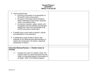 General Physics 1
QUARTER 1
Motion in 2D and 3D
GP1-07-3
3. Tell the students that:
• the focus of this lesson is the description of
2D and 3D motion using vectors
• the topics in this lesson will be needed to
better understand circular motion, projectile
motion, and relative motion.
• the notions of position, speed, velocity, and
acceleration that they already encountered in
straight-line motion can be extended to 2D
and 3D using vector mathematics
4. If needed, give a quick review of position, velocity,
and acceleration in one-dimension.
5. If needed give a quick review of vectors, with
emphasis on the following topics:decomposition of
vectors into components, unit vectors, magnitude
and direction of vectors
Instruction/Delivery/Practice : 1. Position Vector (5
minutes)
1.1. Introduce the notion of a position vector.The
position vector is a vector that points from the
origin of a coordinate system to the position of
an object . Refer to the following diagram:
 