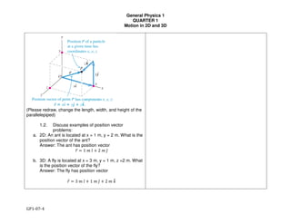 General Physics 1
QUARTER 1
Motion in 2D and 3D
GP1-07-4
(Please redraw, change the length, width, and height of the
parallelepiped)
1.2. Discuss examples of position vector
problems:
a. 2D: An ant is located at x = 1 m, y = 2 m. What is the
position vector of the ant?
Answer: The ant has position vector
!" # 1	&	'̂ ) 2	&	+̂
b. 3D: A fly is located at x = 3 m, y = 1 m, z =2 m. What
is the position vector of the fly?
Answer: The fly has position vector
!" # 3	&	'̂ ) 1	&	+̂ ) 2	&	-.
 