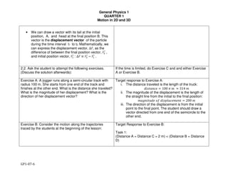 General Physics 1
QUARTER 1
Motion in 2D and 3D
GP1-07-6
• We can draw a vector with its tail at the initial
position, A, and head at the final position B. This
vector is the displacement vector of the particle
during the time interval t1 to t2. Mathematically, we
can express the displacement vector, ∆"#, as the
difference of between the final position vector, "$%%%# ,
and initial position vector, "&%%%# : ∆"# ≡ "$%%%# − "&%%%# .
2.2. Ask the student to attempt the following exercises.
(Discuss the solution afterwards):
If the time is limited, do Exercise C and and either Exercise
A or Exercise B.
Exercise A: A jogger runs along a semi-circular track with
radius 100 m. She starts from one end of the track and
finishes at the other end. What is the distance she traveled?
What is the magnitude of her displacement? What is the
direction of her displacement vector?
Target response to Exercise A:
i. The distance traveled is the length of the truck:
)*+,-./0 1 100 $ % ≈ 314 %
ii. The magnitude of the displacement is the length of
the straight line from the initial to the final position:
%)*+,-./0 12 /,345)60%0+- = 200 %
iii. The direction of the displacement is from the initial
point to the final point. The student should draw a
vector directed from one end of the semicircle to the
other end.
Exercise B: Consider the motion along the trajectories
traced by the students at the beginning of the lesson:
Target Response to Exercise B:
Task 1:
(Distance A = Distance C = 2 m) < (Distance B = Distance
D)
 