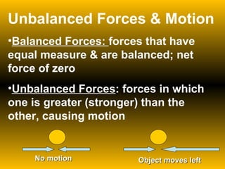 Unbalanced Forces & Motion Balanced Forces:  forces that have equal measure & are balanced; net force of zero Unbalanced Forces : forces in which one is greater (stronger) than the other, causing motion No motion Object moves left 