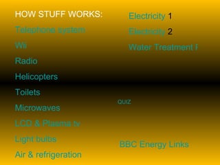 BBC Energy Links HOW STUFF WORKS: Telephone system Wii Radio Helicopters Toilets Microwaves LCD & Plasma  tv Light bulbs Air & refrigeration Electricity  1 Electricity  2 Water Treatment Plants QUIZ 