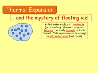 Thermal Expansion
… and the mystery of floating ice!
As hot water cools, so it contracts
(gets smaller). However, as water
freezes it actually expands as ice is
formed. This expansion can be enough
to split water pipes (and rocks).
 