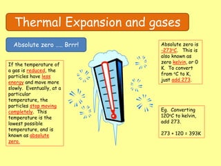 Thermal Expansion and gases
Absolute zero ….. Brrr!
If the temperature of
a gas is reduced, the
particles have less
energy and move more
slowly. Eventually, at a
particular
temperature, the
particles stop moving
completely. This
temperature is the
lowest possible
temperature, and is
known as absolute
zero.
Absolute zero is
-273oC. This is
also known as
zero kelvin, or 0
K. To convert
from oC to K,
just add 273.
Eg. Converting
120oC to kelvin,
add 273.
273 + 120 = 393K
 