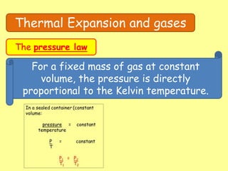 Thermal Expansion and gases
The pressure law
For a fixed mass of gas at constant
volume, the pressure is directly
proportional to the Kelvin temperature.
 