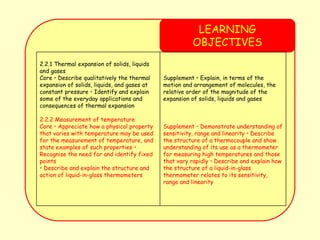 LEARNING
OBJECTIVES
2.2.1 Thermal expansion of solids, liquids
and gases
Core • Describe qualitatively the thermal
expansion of solids, liquids, and gases at
constant pressure • Identify and explain
some of the everyday applications and
consequences of thermal expansion
2.2.2 Measurement of temperature
Core • Appreciate how a physical property
that varies with temperature may be used
for the measurement of temperature, and
state examples of such properties •
Recognise the need for and identify fixed
points
• Describe and explain the structure and
action of liquid-in-glass thermometers
Supplement • Explain, in terms of the
motion and arrangement of molecules, the
relative order of the magnitude of the
expansion of solids, liquids and gases
Supplement • Demonstrate understanding of
sensitivity, range and linearity • Describe
the structure of a thermocouple and show
understanding of its use as a thermometer
for measuring high temperatures and those
that vary rapidly • Describe and explain how
the structure of a liquid-in-glass
thermometer relates to its sensitivity,
range and linearity
 
