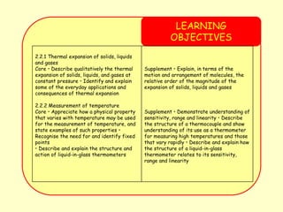 LEARNING
OBJECTIVES
2.2.1 Thermal expansion of solids, liquids
and gases
Core • Describe qualitatively the thermal
expansion of solids, liquids, and gases at
constant pressure • Identify and explain
some of the everyday applications and
consequences of thermal expansion
2.2.2 Measurement of temperature
Core • Appreciate how a physical property
that varies with temperature may be used
for the measurement of temperature, and
state examples of such properties •
Recognise the need for and identify fixed
points
• Describe and explain the structure and
action of liquid-in-glass thermometers
Supplement • Explain, in terms of the
motion and arrangement of molecules, the
relative order of the magnitude of the
expansion of solids, liquids and gases
Supplement • Demonstrate understanding of
sensitivity, range and linearity • Describe
the structure of a thermocouple and show
understanding of its use as a thermometer
for measuring high temperatures and those
that vary rapidly • Describe and explain how
the structure of a liquid-in-glass
thermometer relates to its sensitivity,
range and linearity
 