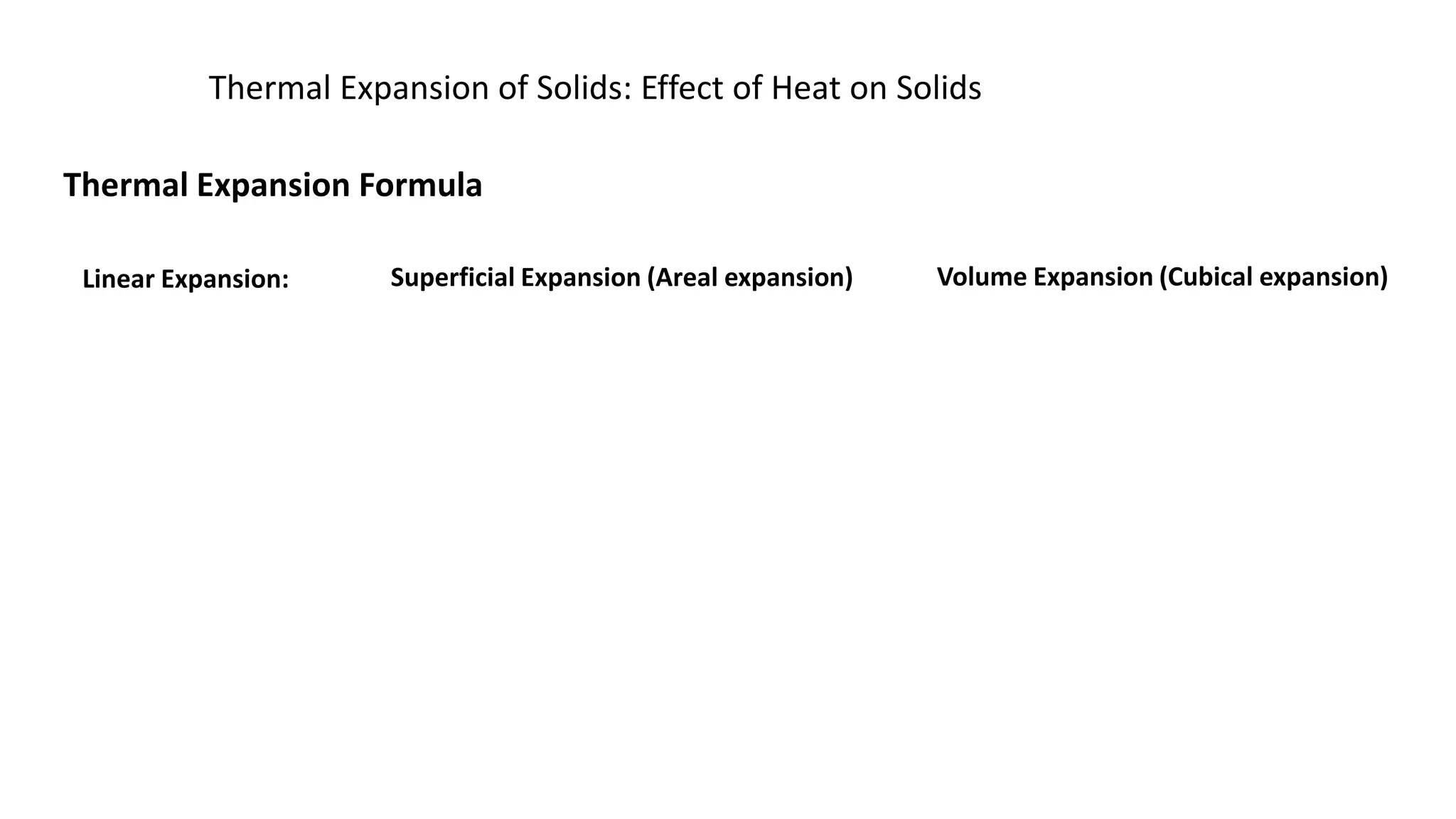 Thermal Expansion of Solids: Effect of Heat on Solids
Thermal Expansion Formula
Linear Expansion: Volume Expansion (Cubical expansion)
Superficial Expansion (Areal expansion)
 