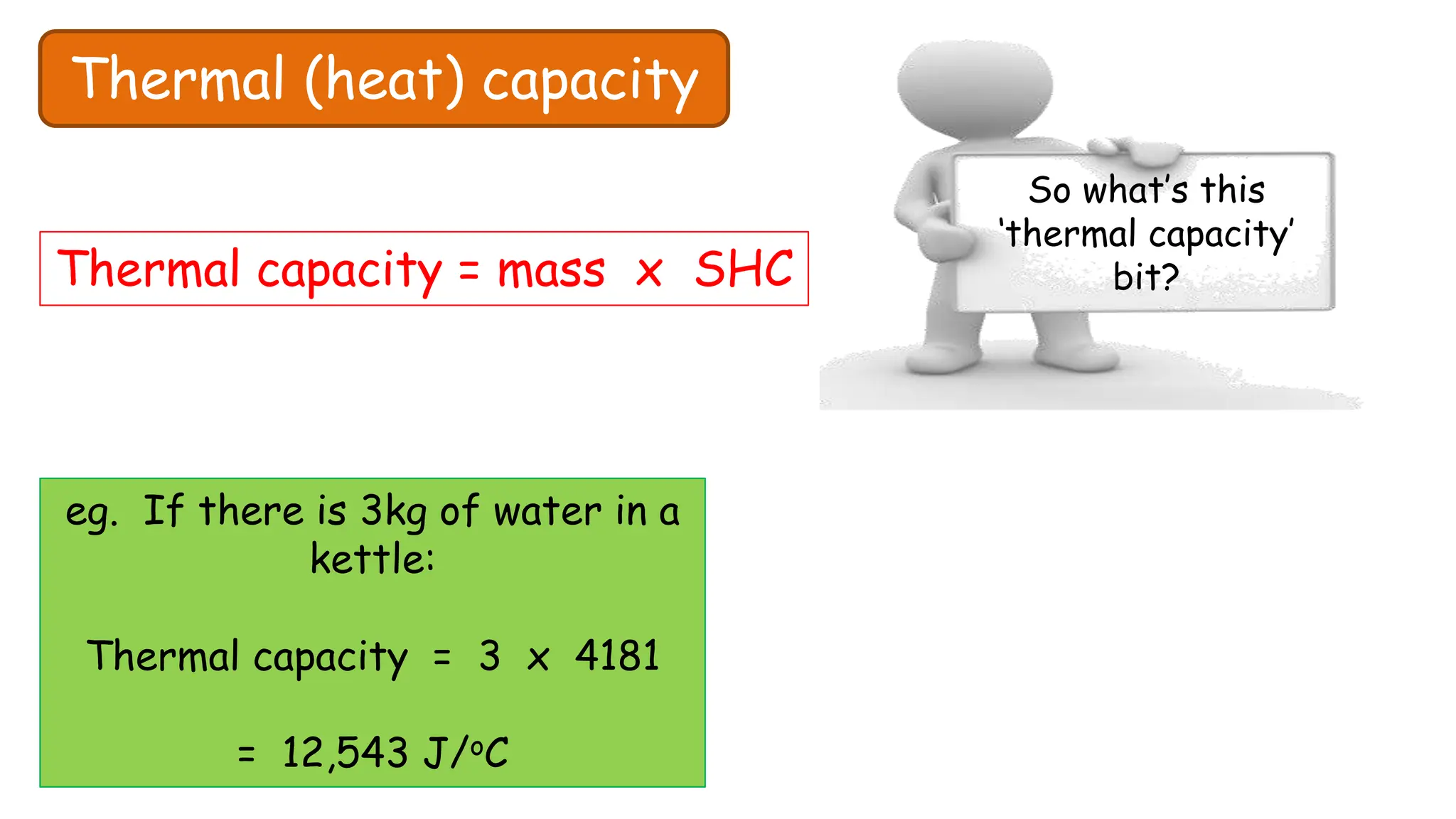 Thermal (heat) capacity
So what’s this
‘thermal capacity’
bit?
Thermal capacity = mass x SHC
eg. If there is 3kg of water in a
kettle:
Thermal capacity = 3 x 4181
= 12,543 J/oC
 