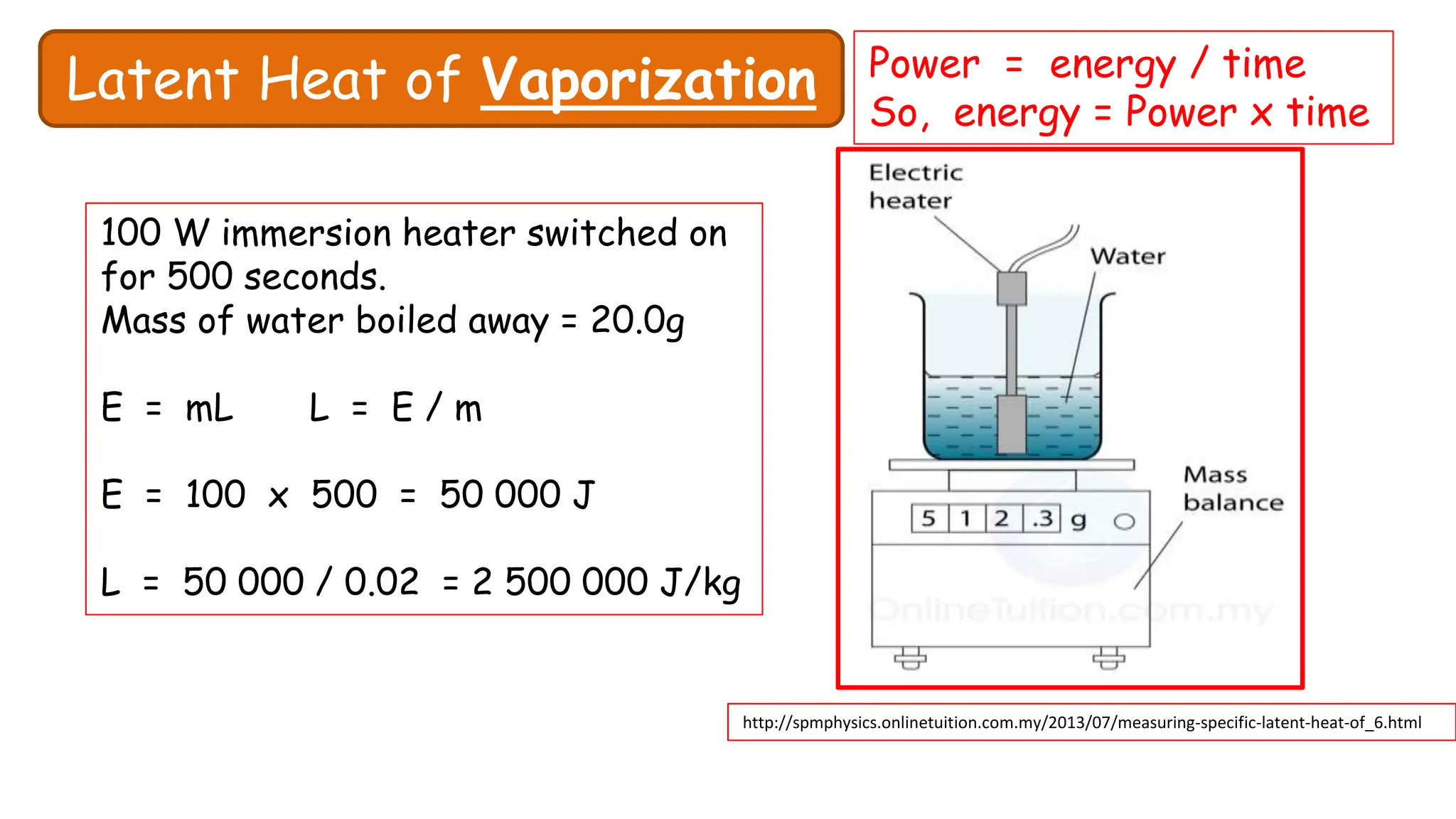Measuring the
specific latent
heat of
vaporization of
water.
Latent Heat of Vaporization
http://spmphysics.onlinetuition.com.my/2013/07/measuring-specific-latent-heat-of_6.html
Power = energy / time
So, energy = Power x time
100 W immersion heater switched on
for 500 seconds.
Mass of water boiled away = 20.0g
E = mL L = E / m
E = 100 x 500 = 50 000 J
L = 50 000 / 0.02 = 2 500 000 J/kg
 