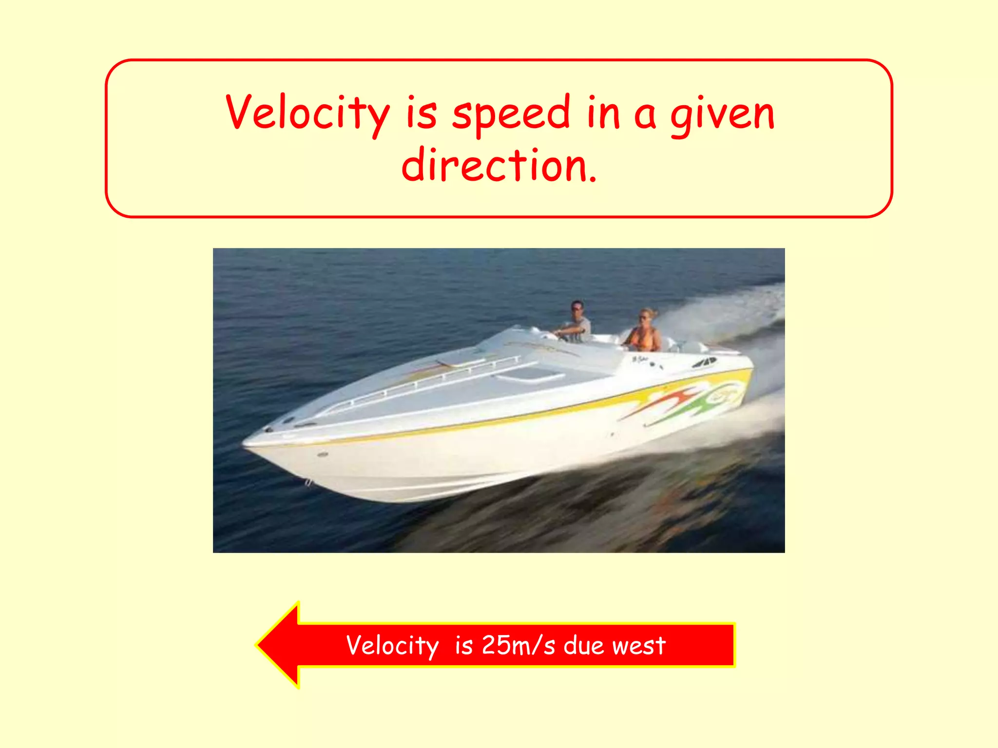 Velocity is speed in a given
direction.
Velocity is 25m/s due west
 