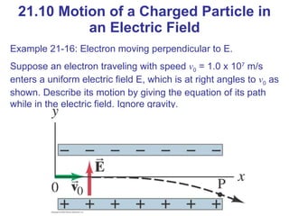 21.10 Motion of a Charged Particle in an Electric Field Example 21-16: Electron moving perpendicular to E. Suppose an electron traveling with speed  v 0  = 1.0 x 10 7  m/s enters a uniform electric field E, which is at right angles to  v 0  as shown. Describe its motion by giving the equation of its path while in the electric field. Ignore gravity. 