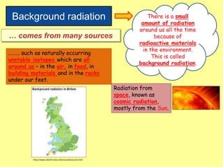 Background radiation There is a small
amount of radiation
around us all the time
because of
radioactive materials
in the environment.
This is called
background radiation.
… comes from many sources
……… such as naturally occurring
unstable isotopes which are all
around us – in the air, in food, in
building materials and in the rocks
under our feet.
http://www.darvill.clara.net/nucrad/sources.htm
Radiation from
space, known as
cosmic radiation,
mostly from the Sun.
 