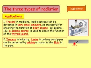 The three types of radiation Supplement
Applications
1. Tracers in medicine. Radioisotopes can be
detected in very small amounts, so are useful for
checking the function of body organs. eg. Iodine-
123, a gamma source, is used to check the function
of the thyroid gland.
2. Tracers in industry. Leaks in underground pipes
can be detected by adding a tracer to the fluid in
the pipe.
 