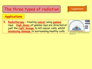 The three types of radiation Supplement
Applications
5. Radiotherapy – treating cancer using gamma
rays. High doses of gamma rays are directed at
just the right dosage to kill cancer cells, whilst
minimising damage to surrounding healthy cells. http://www.bbc.co.uk/education/guides/zm8n
b9q/revision/9
 