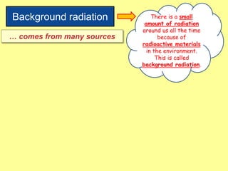 Background radiation There is a small
amount of radiation
around us all the time
because of
radioactive materials
in the environment.
This is called
background radiation.
… comes from many sources
 