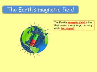 The Earth’s magnetic field
The Earth’s magnetic field is like
that around a very large, but very
weak, bar magnet.
 