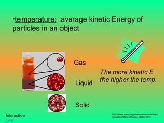 temperature:   average kinetic Energy of particles in an object Solid Liquid Gas http://www.bcssa.org/newsroom/scholarships/great8sci/Matter/Choose_Matter.html The more kinetic E the higher the temp. Interactive  LAB 