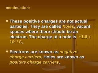 continuation: These positive charges are not actual particles. They are called  holes , vacant spaces where there should be an electron. The charge of a hole is  +1.6 x 10 -19  C . Electrons are known as  negative charge carriers . Holes are known as  positive charge carriers . 