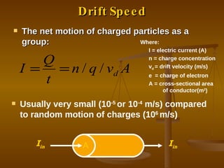 Drift Speed The net motion of charged particles as a group: Where: I = electric current (A) n = charge concentration v d  = drift velocity (m/s) e  = charge of electron A = cross-sectional area  of conductor(m 2 ) Usually very small (10 -5  or 10 -4  m/s) compared to random motion of charges (10 6  m/s) I in I in A 