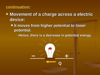 continuation: Movement of a charge across a electric device: It moves from higher potential to lower potential. Hence, there is a decrease in potential energy. Q 