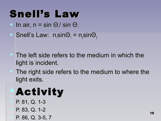 Snell’s LawSnell’s Law
 In air, n = sin ΘIn air, n = sin Θii / sin Θ/ sin Θrr
 Snell’s Law: nSnell’s Law: n11sinΘsinΘ11 = n= n22sinΘsinΘ22
 The left side refers to the medium in which theThe left side refers to the medium in which the
light is incident.light is incident.
 The right side refers to the medium to where theThe right side refers to the medium to where the
light exits.light exits.
 ActivityActivity
 P. 81, Q. 1-3P. 81, Q. 1-3
 P. 83, Q. 1-2P. 83, Q. 1-2
 P. 86, Q. 3-5, 7P. 86, Q. 3-5, 7
1818
 