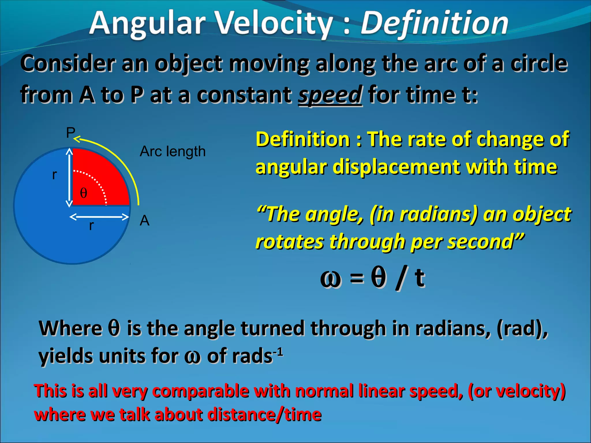 Consider an object moving along the arc of a circle
from A to P at a constant speed for time t:
Arc length

Definition : The rate of change of
angular displacement with time

A

“The angle, (in radians) an object
rotates through per second”

P
r
θ
r

ω =θ /t
Where θ is the angle turned through in radians, (rad),
yields units for ω of rads-1
This is all very comparable with normal linear speed, (or velocity)
where we talk about distance/time

 