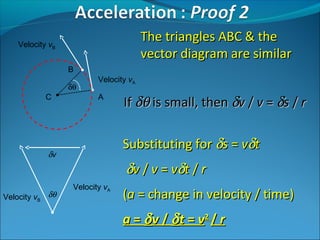 The triangles ABC & the
vector diagram are similar

Velocity vB
B
δθ
C

Velocity vA
A

Substituting for δs = vδt

δv

Velocity vB δθ

If δθ is small, then δv / v = δs / r

δv / v = vδt / r
Velocity vA

(a = change in velocity / time)
a = δ v / δ t = v2 / r

 